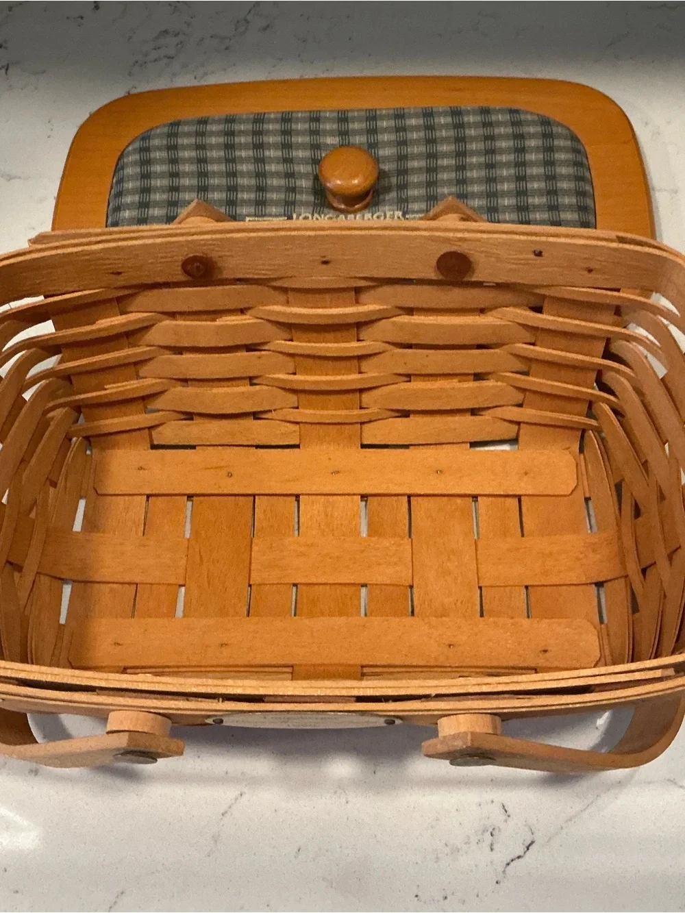 1999 Longaberger woven memories basketball woven with plaid blue lid